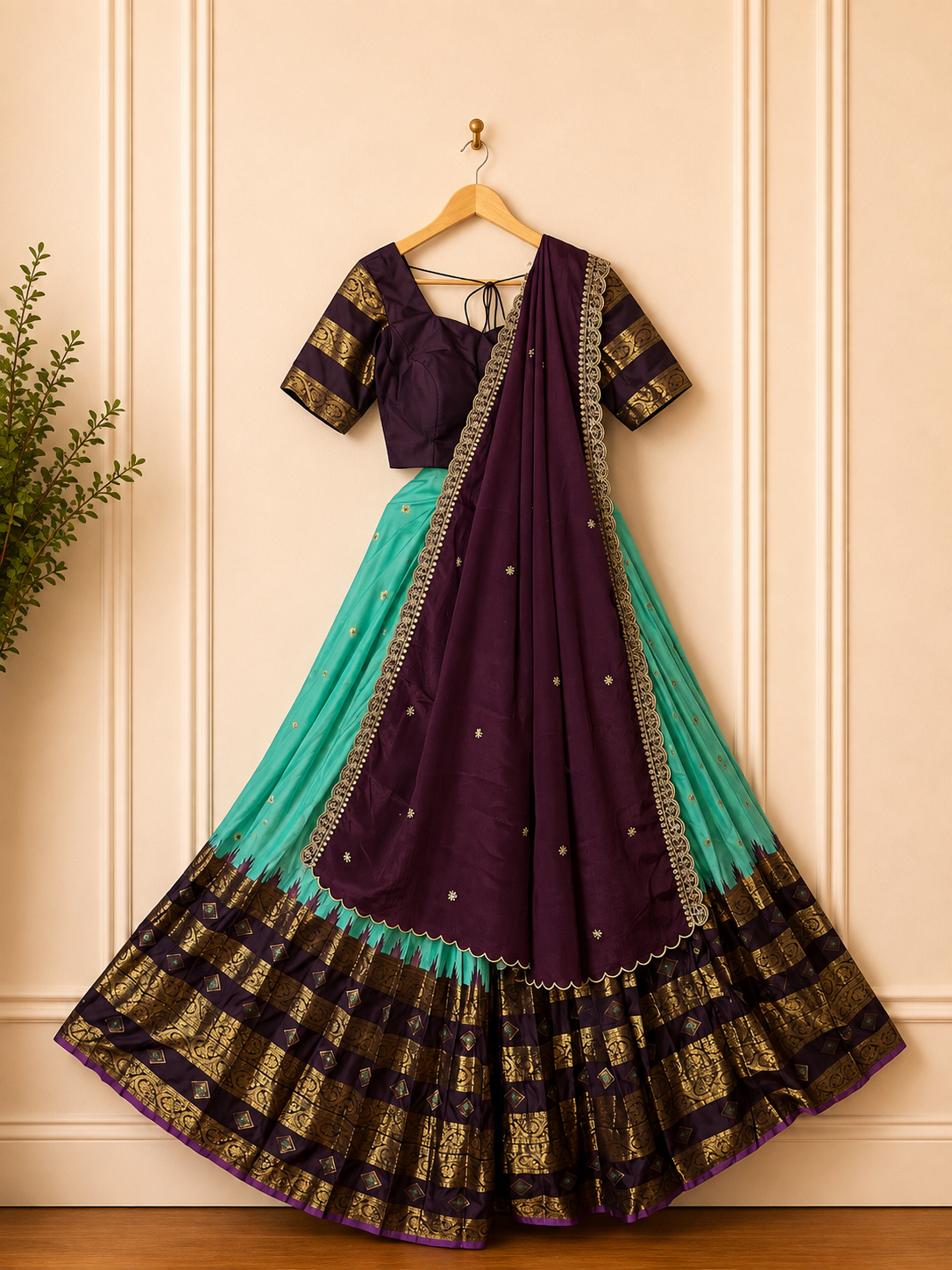 Gadwal Lime Green & Brown Half Saree with Stitched Blouse
