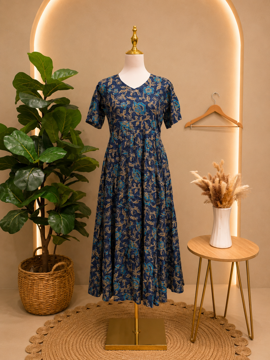 Midnight Blue Floral Printed Cotton Midi Dress 💙✨