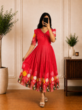 Boutique Stitched Red Floral Embroidered Iron Pleated Kota Frock