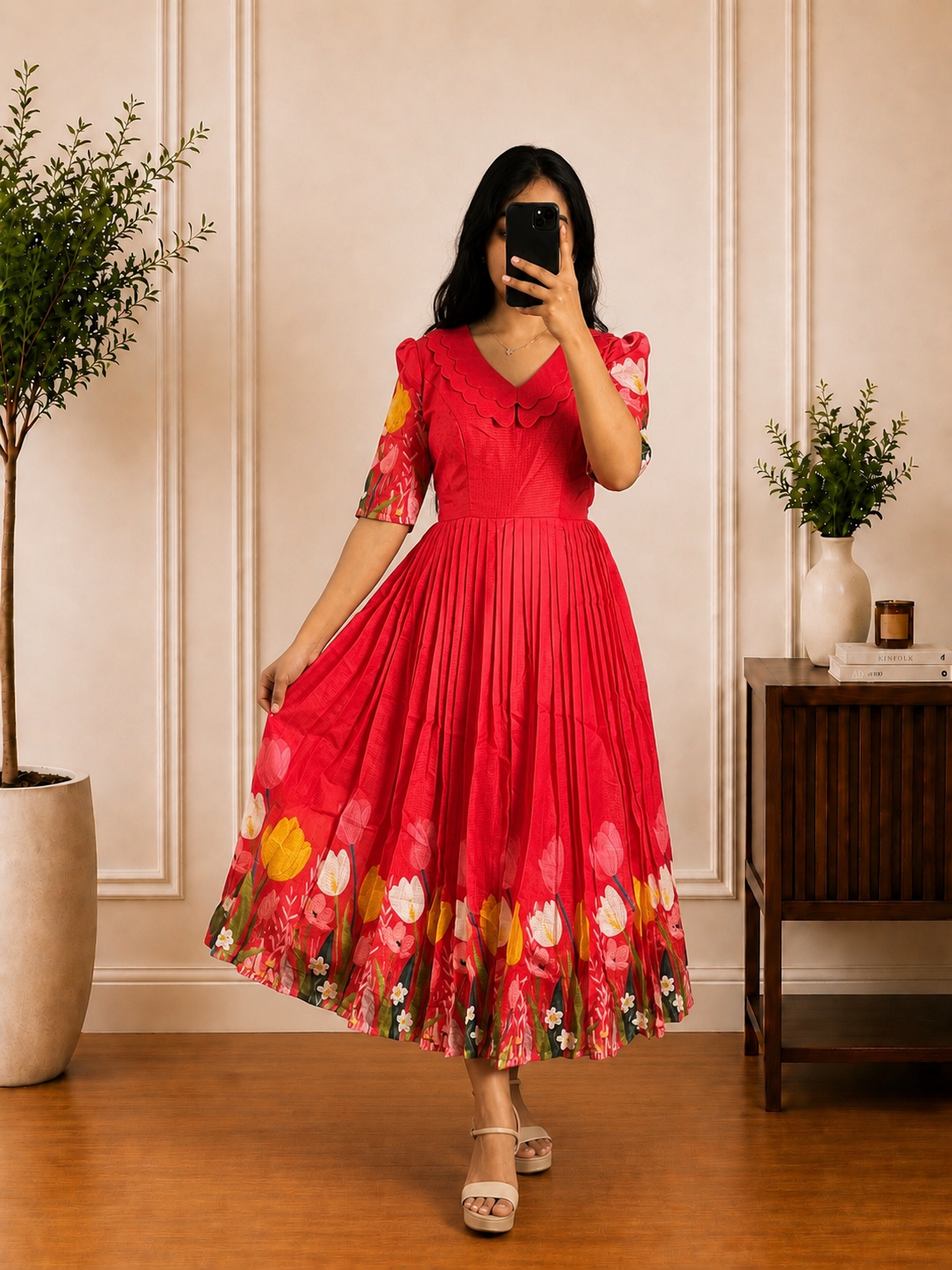 Boutique Stitched Red Floral Embroidered Iron Pleated Kota Frock