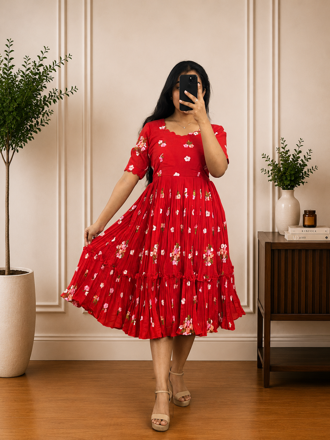 Boutique Stitched Red  Floral Embroidered Iron Pleated Mul Chanderi Frock