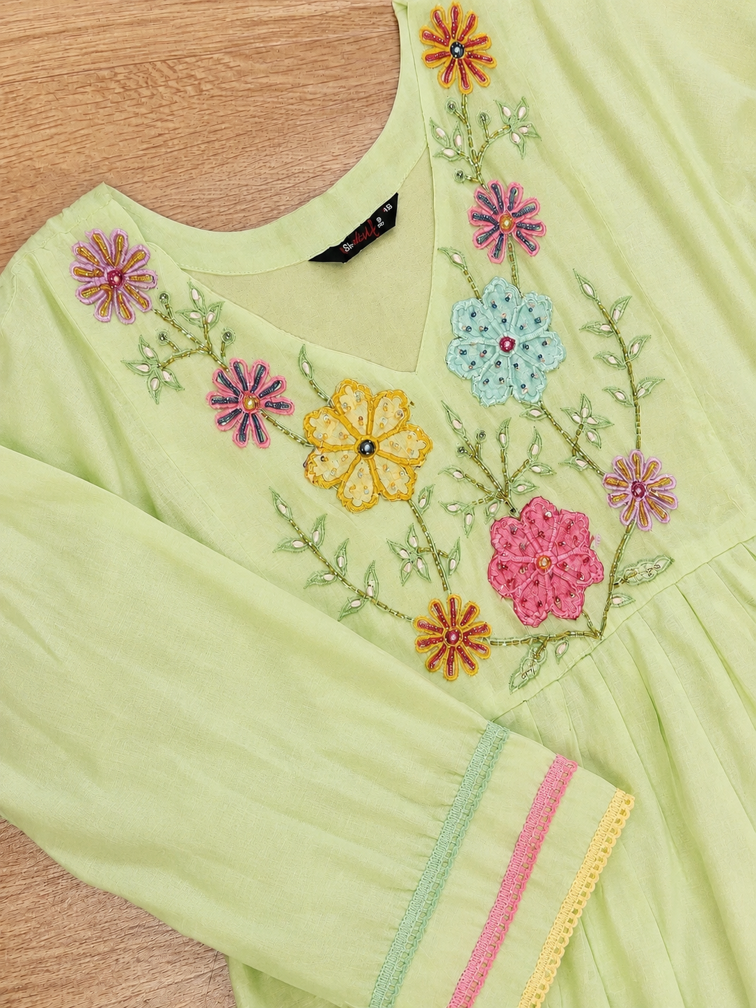 Mint Green Floral Embroidered Chinnon Flared Frock