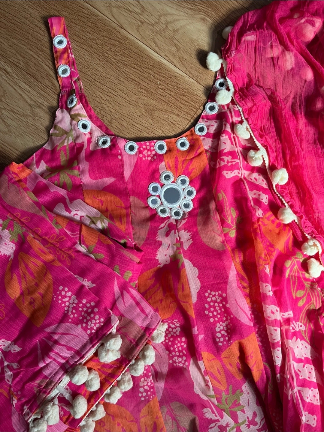 Rani Pink Floral Printed Chiffon Anarkali Suit Set