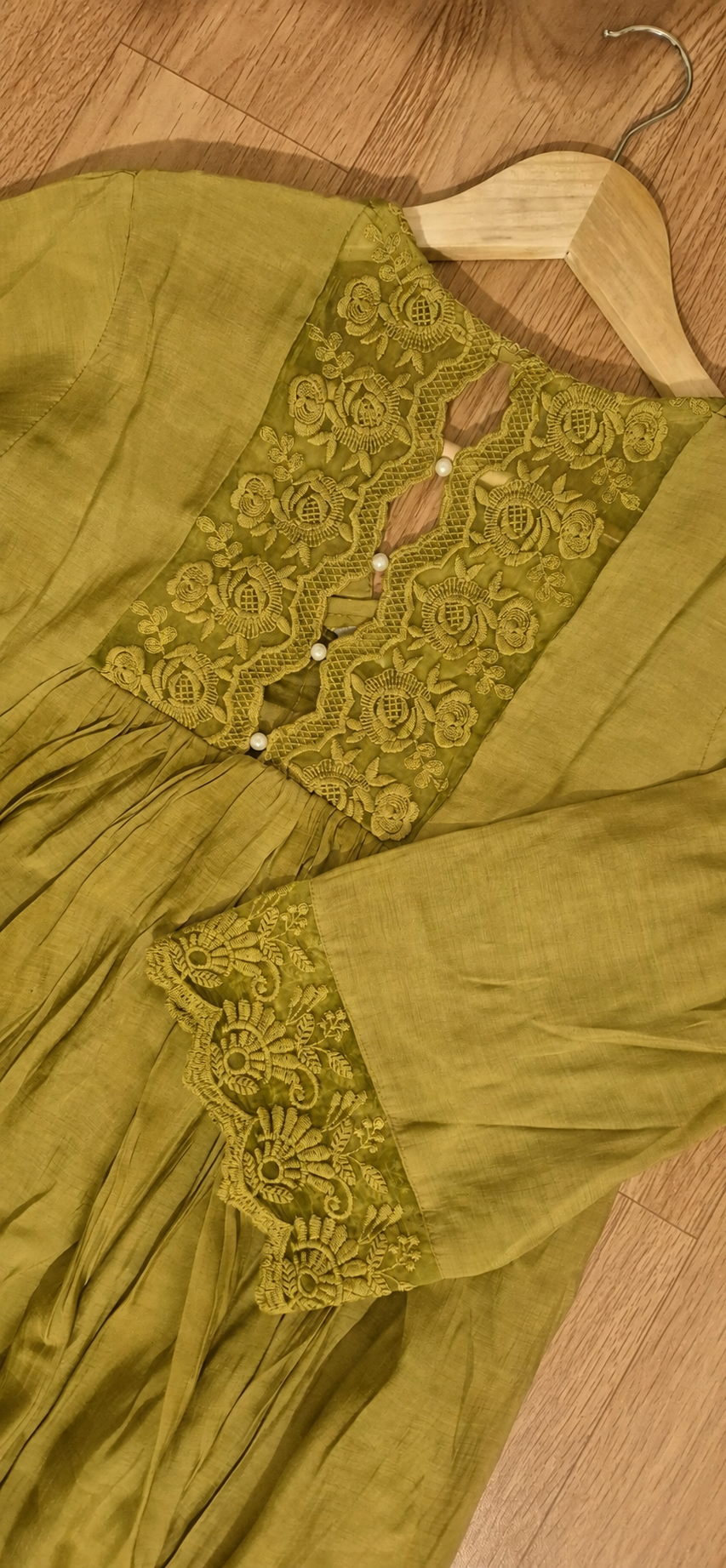 Olive Green Lace Yoke Anarkali Suit Set with Scalloped Lace Dupatta