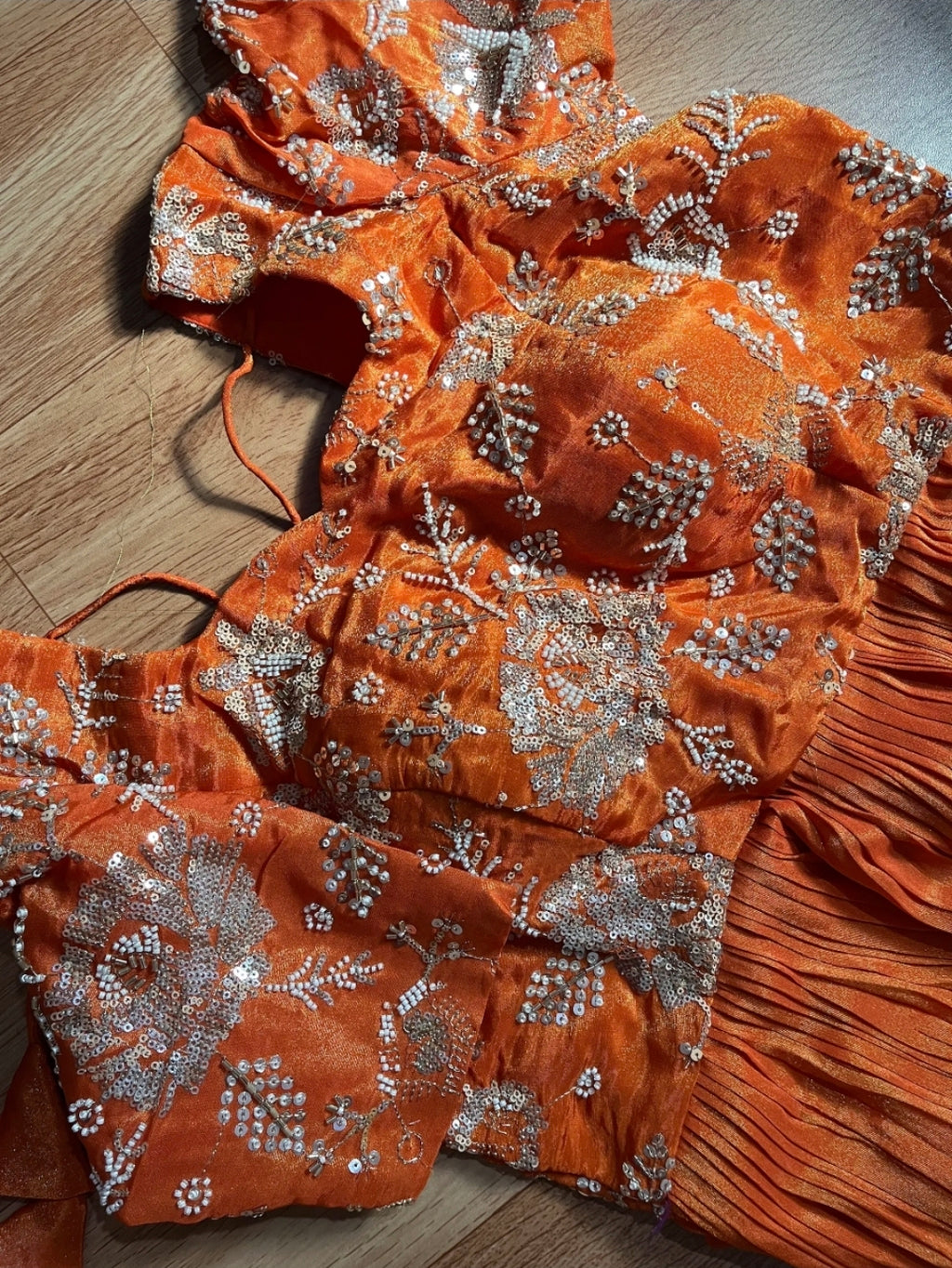 Bright Orange Floral Embroidered Shimmer Tissue Anarkali Frock