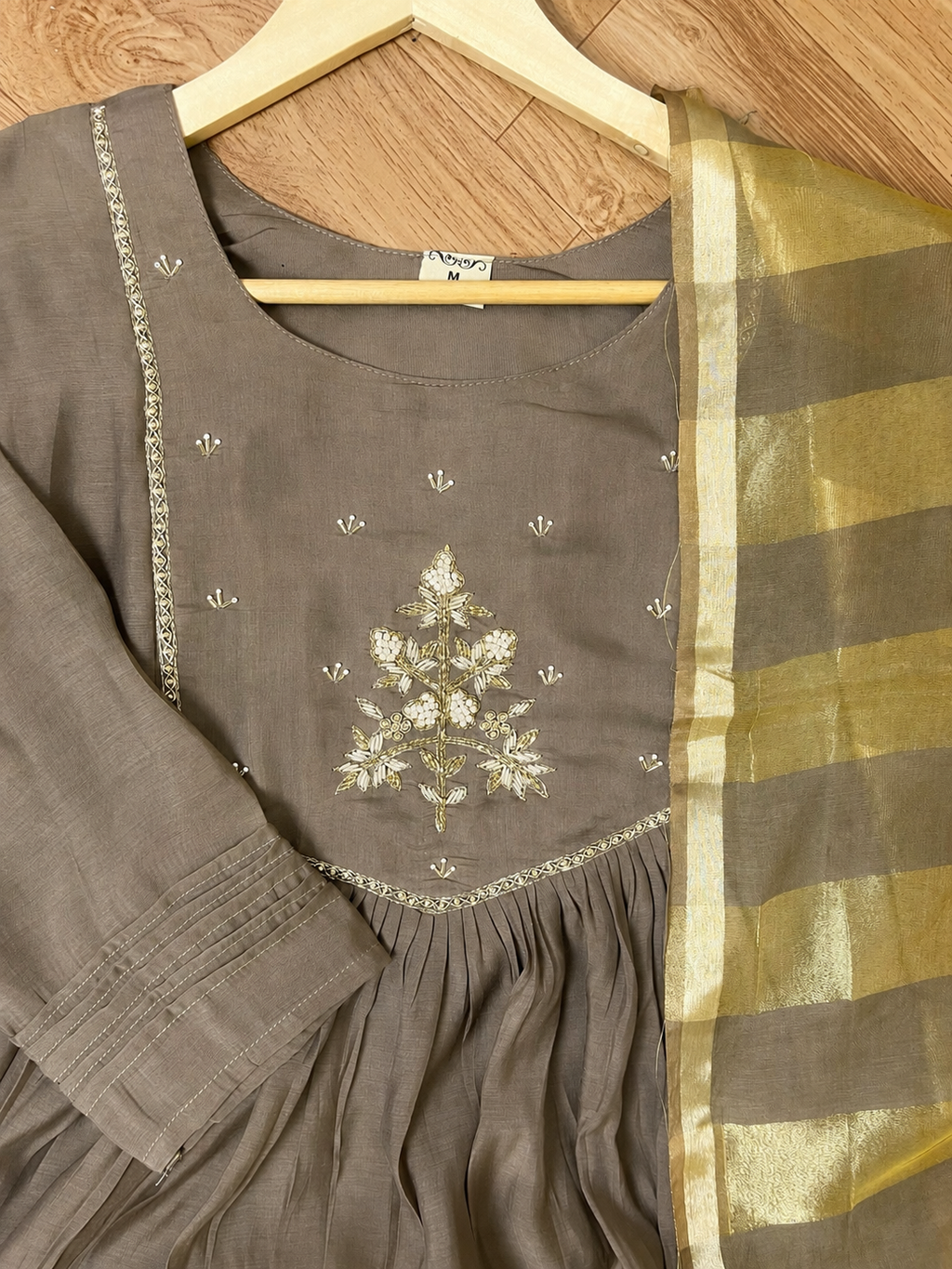 Mushroom Brown Mul Chanderi Floral Thread Embroidered Anarkali Suit Set with Zari Dupatta