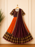 Gadwal Royal Orange & Brown Half Saree with Stitched Blouse