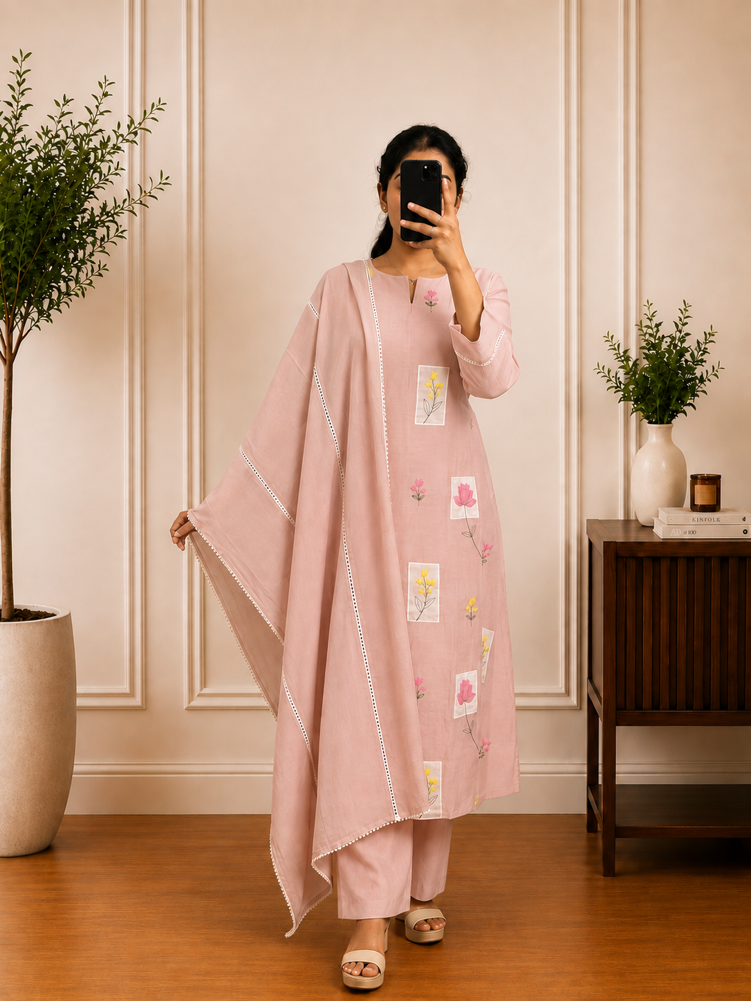 Blush Pink Mul Chanderi Floral Thread Embroidered Suit Set