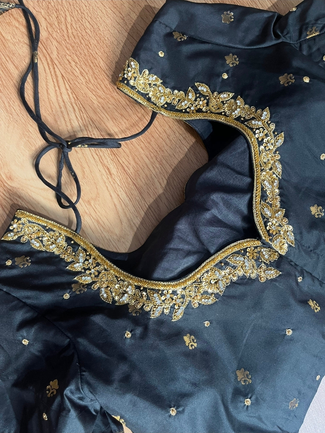 Gadwal Black & Blue Half Saree with Gold Zari Border & Maggam Work Stitched Blouse