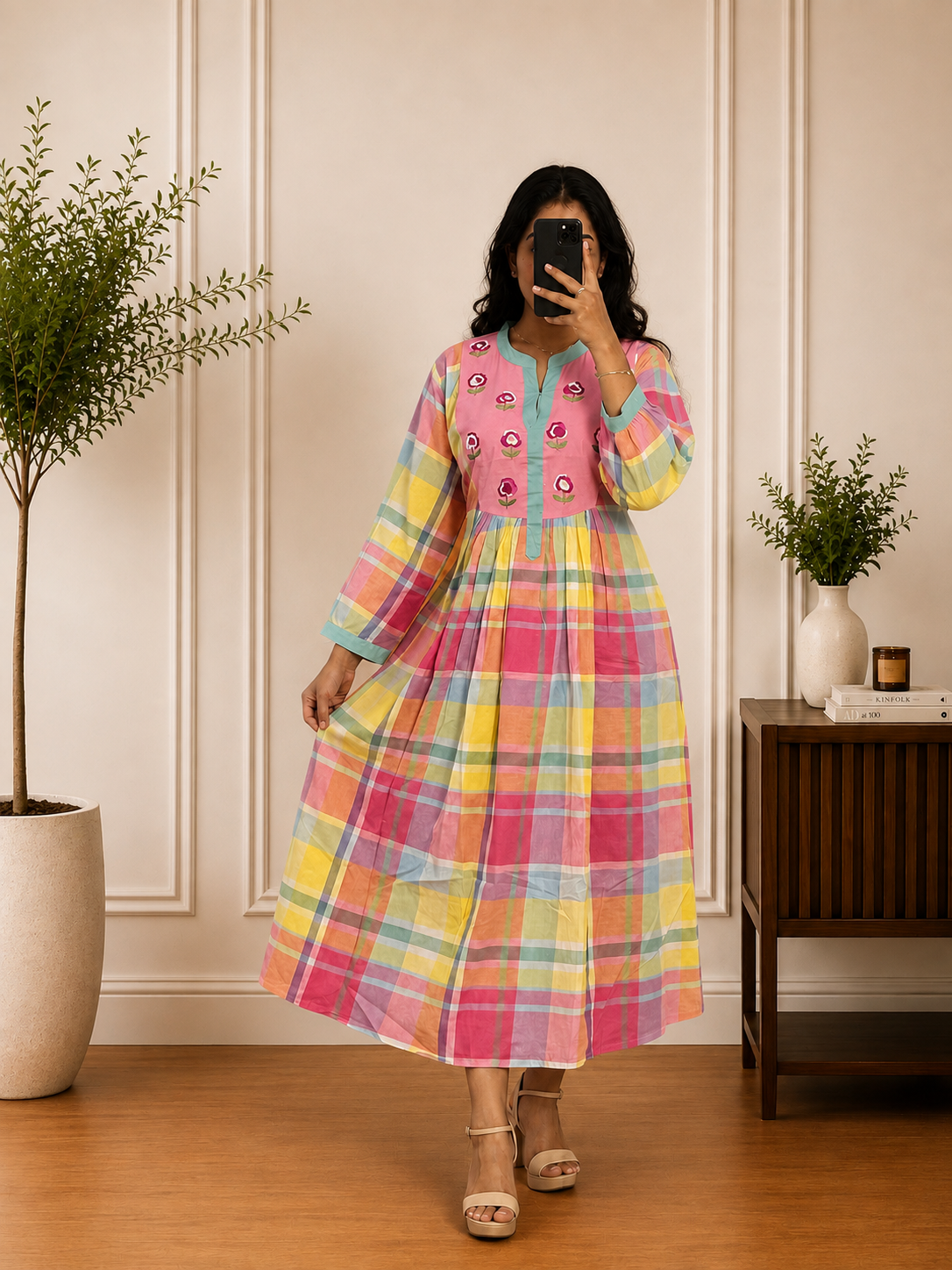 Pink Cotton Thread Embroidered Frock