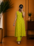 Green Cotton Mirror Work Straight Kurta Set