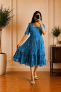Boutique Stitched Blue Floral Embroidered Iron Pleated Mul Chanderi Frock