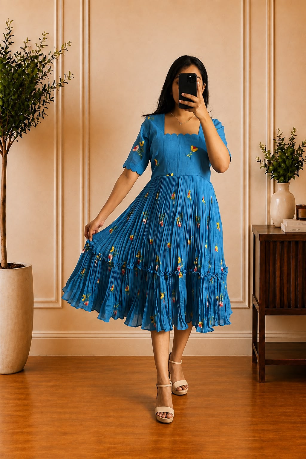 Boutique Stitched Blue Floral Embroidered Iron Pleated Mul Chanderi Frock