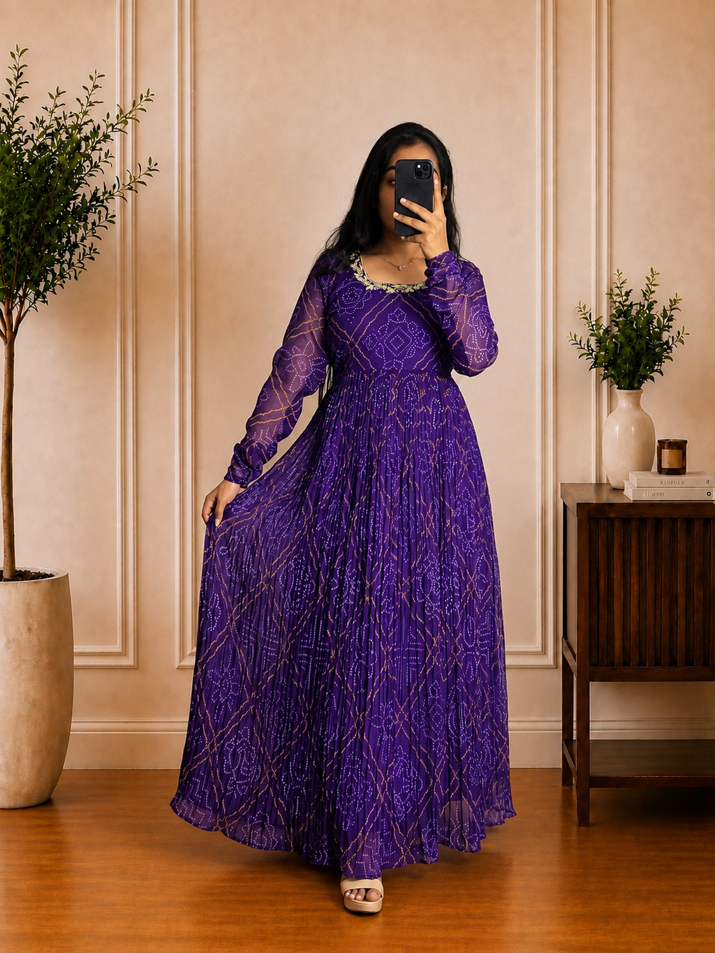 Purple Bandhani Printed Georgette Frock with Embellished Neckline