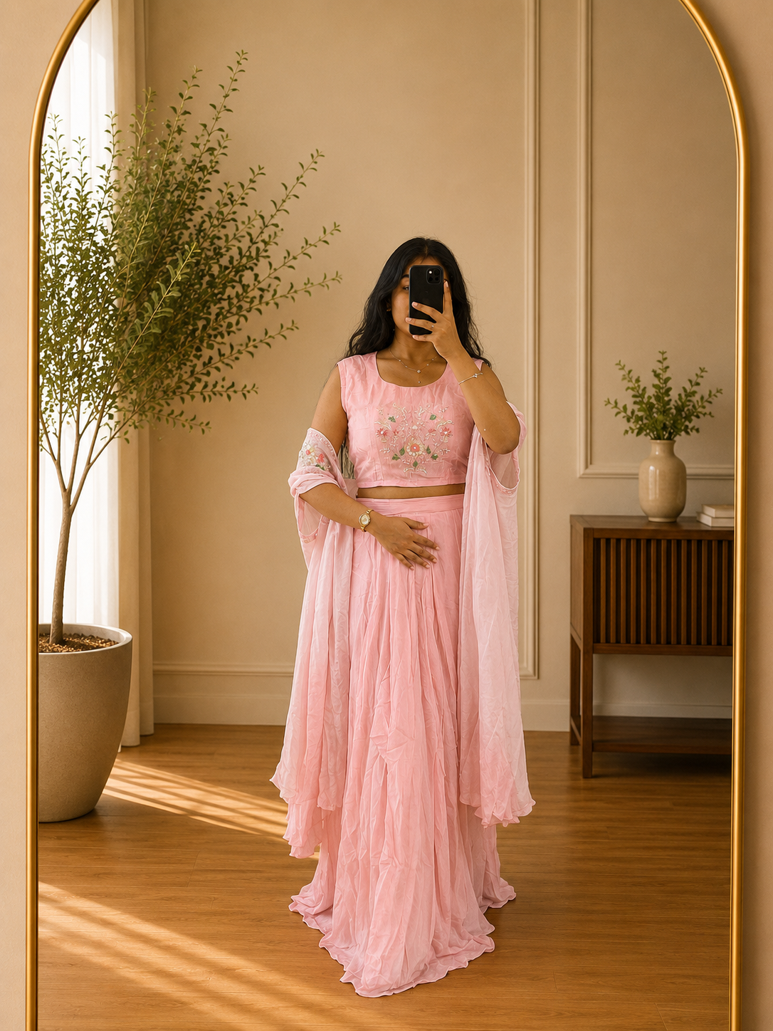Blush Pink Chinnon Lehenga Set with Floral Embroidered Chiffon Handwork Coat