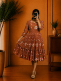Boutique Stitched Sage Brown Floral Embroidered Iron Pleated Mul Chanderi Frock