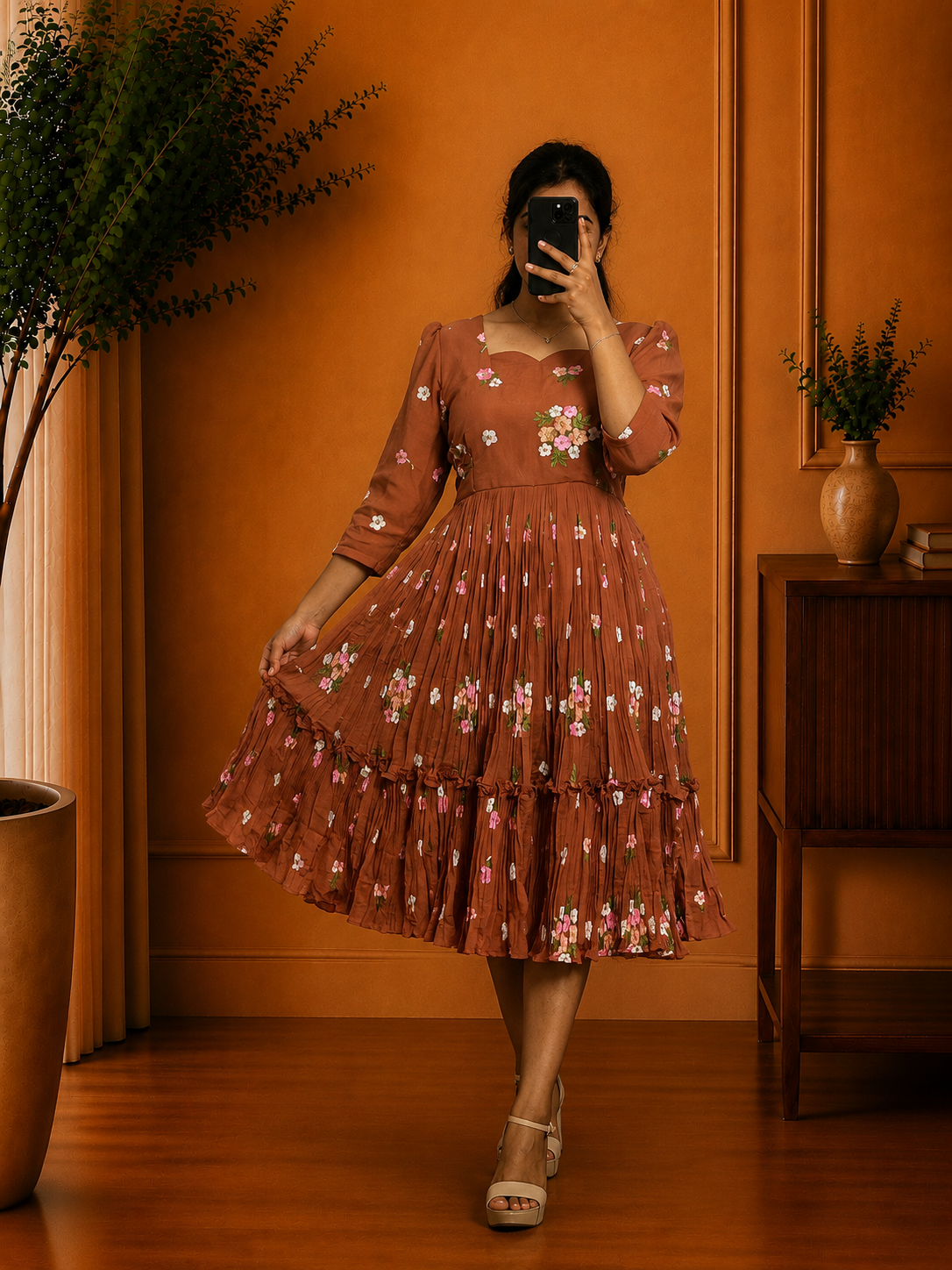 Boutique Stitched Sage Brown Floral Embroidered Iron Pleated Mul Chanderi Frock