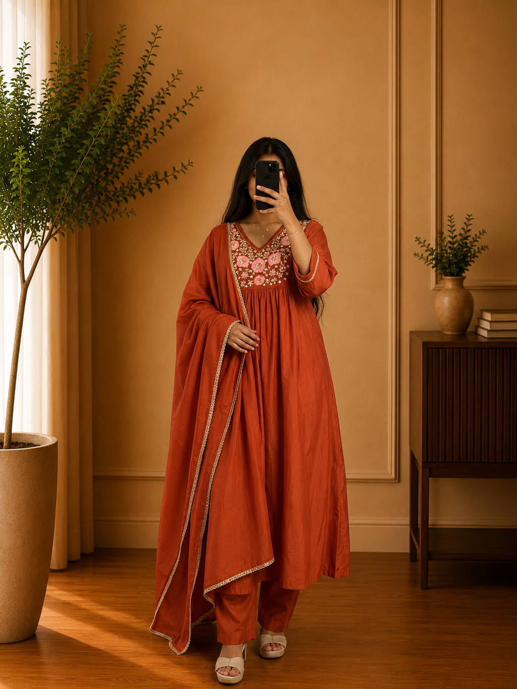 Rust Orange Mul Chandheri Floral Thread Embroidered Anarkali Suit Set