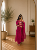 Fuchsia Chinnon Floral Embroidered Anarkali Suit Set with Zari Work & Tassel Dupatta