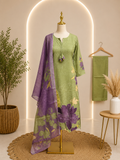 ✨ Sage Green Floral Printed Cotton Suit Set with Lavender Dupatta ✨🌿💜