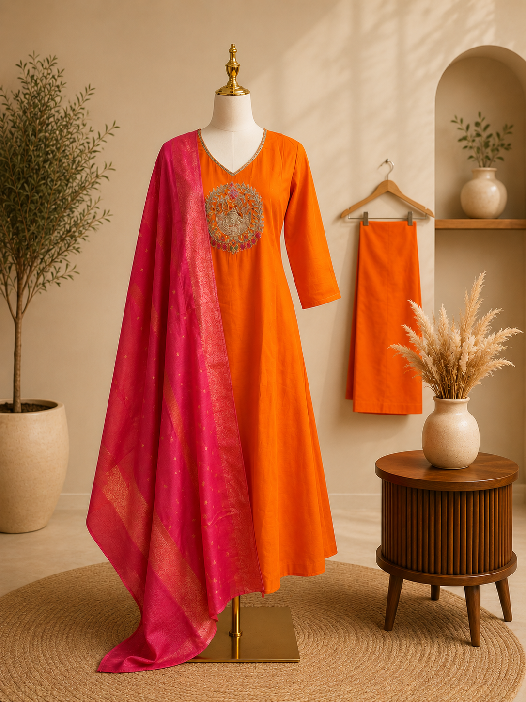 Sunset Orange Embroidered Kurta Set with Pink Banarasi Dupatta ✨🧡💖
