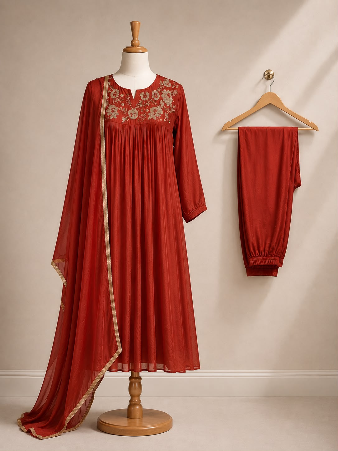 Ruby Red Embroidered Chinnon Anarkali Suit Set with Matching Dupatta ✨