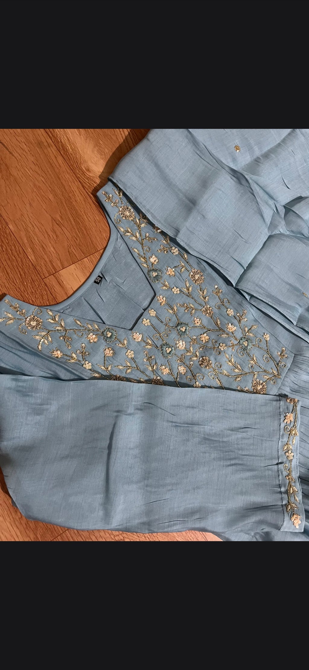 Sky Blue Antique Gold Floral Embroidered Mul Chandheri  Suit Set