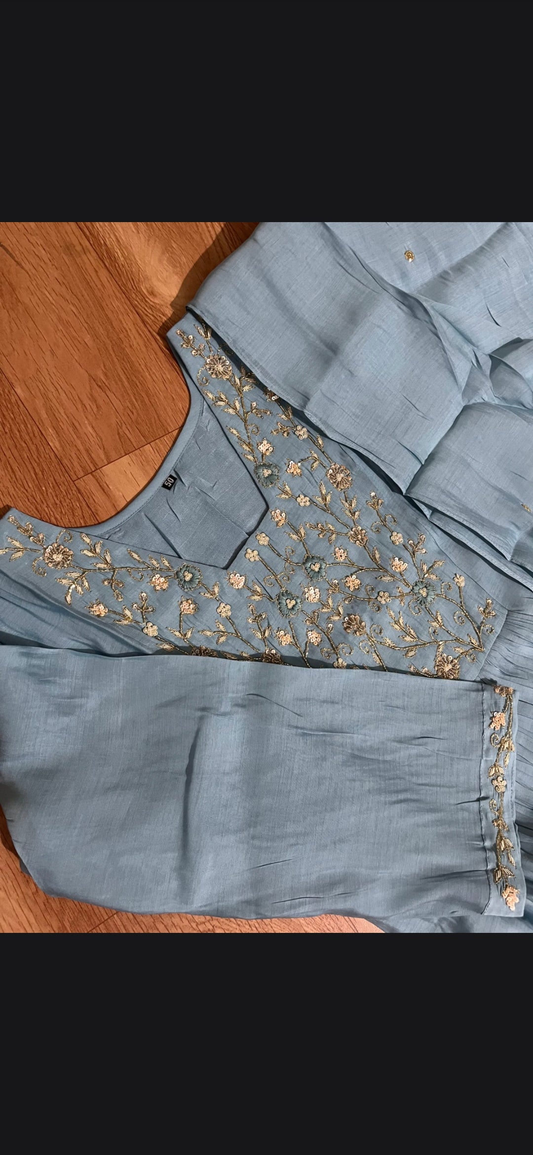 Sky Blue Antique Gold Floral Embroidered Mul Chandheri  Suit Set