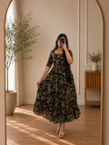 Black Floral Printed Georgette Tiered Frock