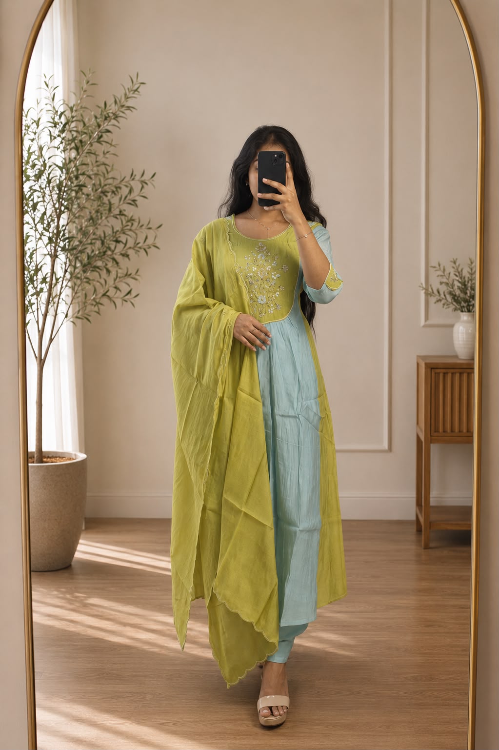 Lime & Sky Blue Chinnon Hand Embroidered Suit Set with Scallop Dupatta