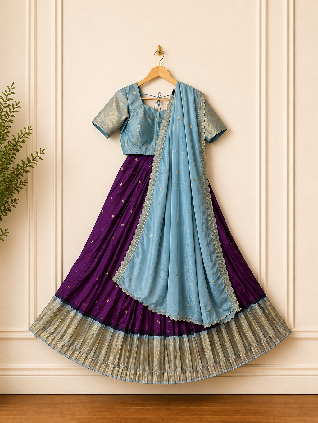 Gadwal Sky Blue & Purple Half Saree with  Stitched Blouse