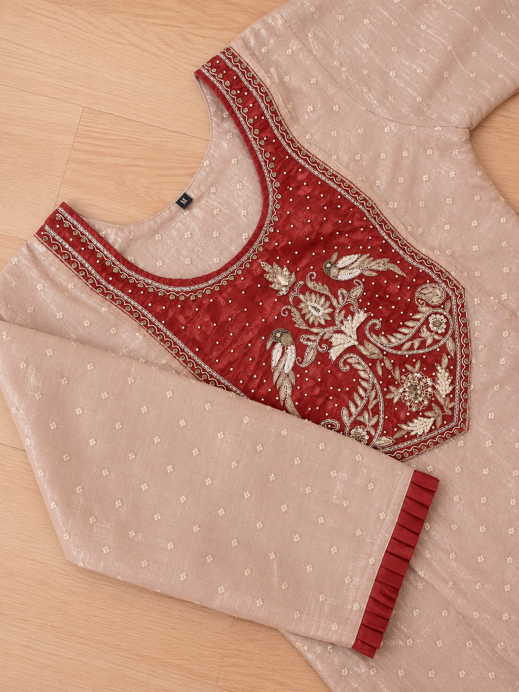Royal Red Shimmer Bird Motif Zari Embroidered Straight Suit Set