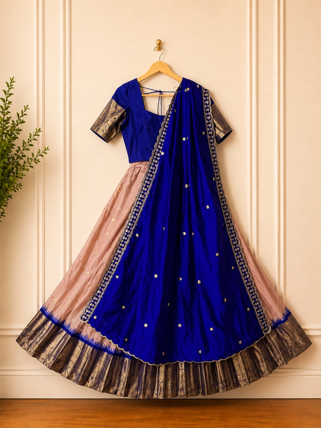 Gadwal Royal Blue & Nude Beige Half Saree with Stitched Blouse