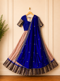 Gadwal Royal Blue & Nude Beige Half Saree with Stitched Blouse