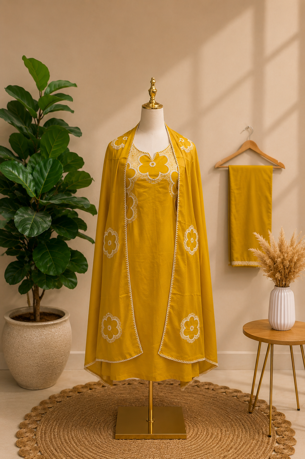 Mustard Yellow Floral Embroidered Suit Set with Matching Dupatta ✨🌼