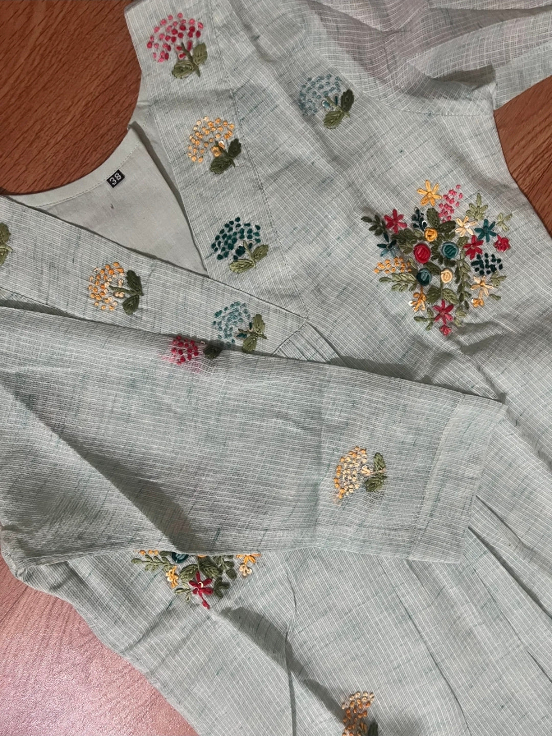 Sage Green Kota Floral Thread Embroidered frock