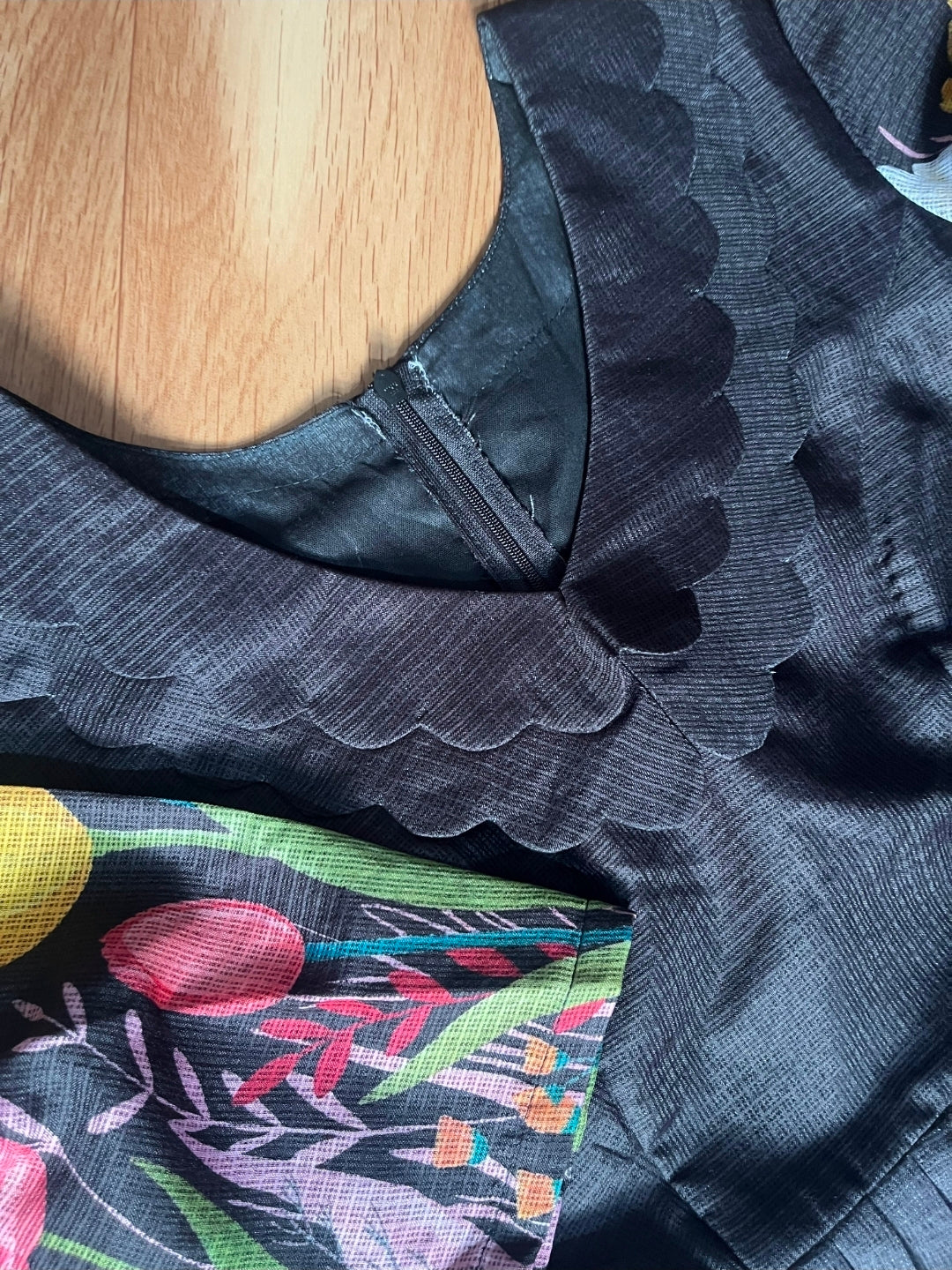 Boutique Stitched Black Floral Embroidered Iron Pleated Kota Frock