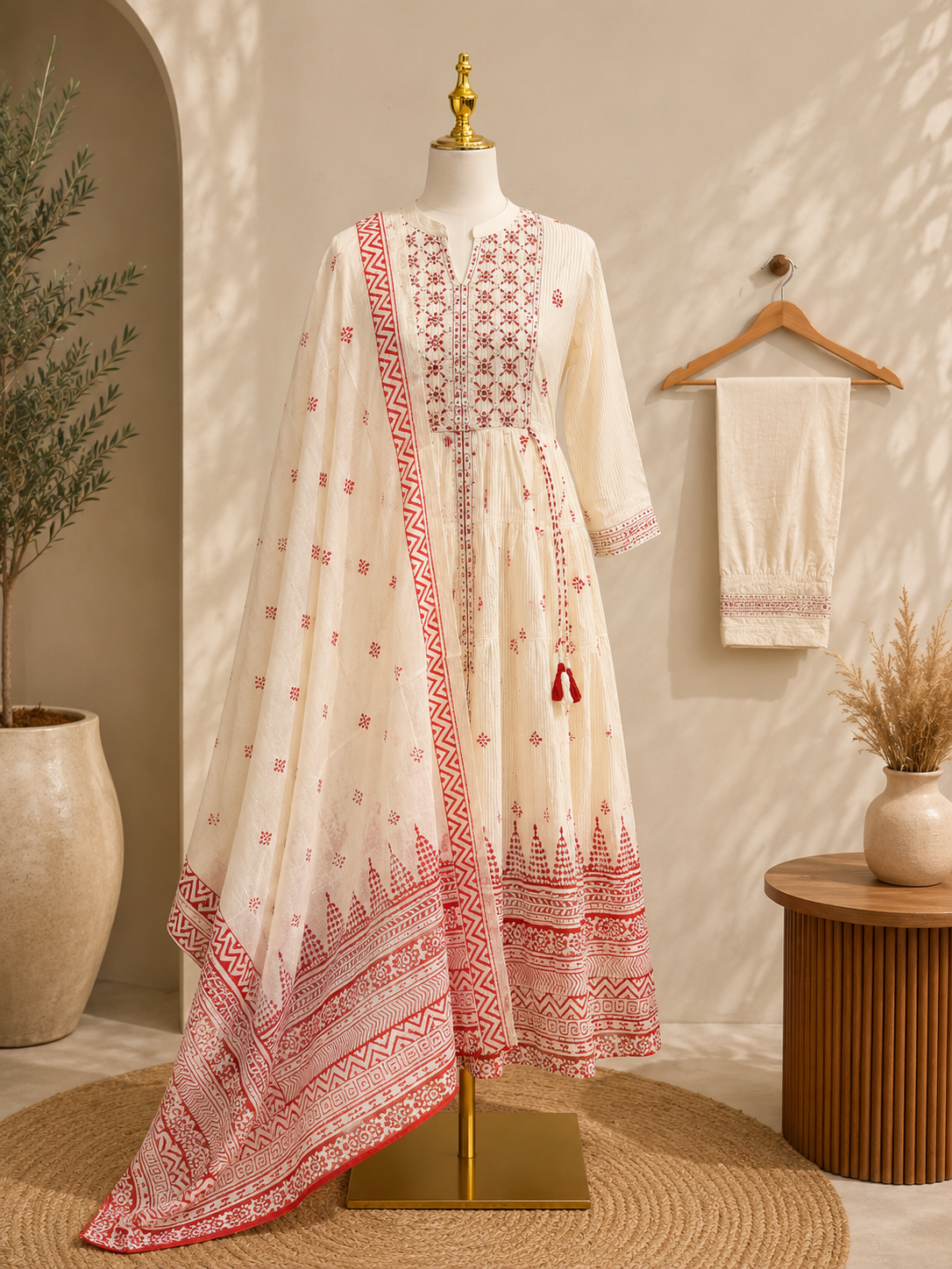 Classic Red Border Anarkali Suit with Dupatta