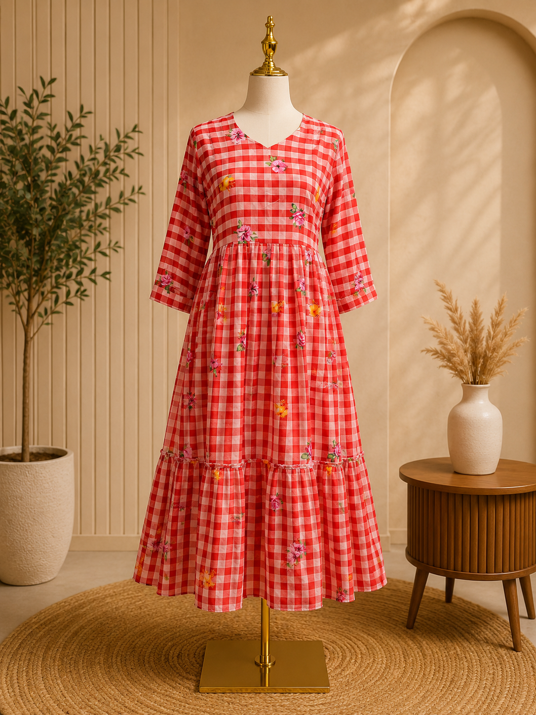 Coral Blossom Checks Tiered Frock 🌸