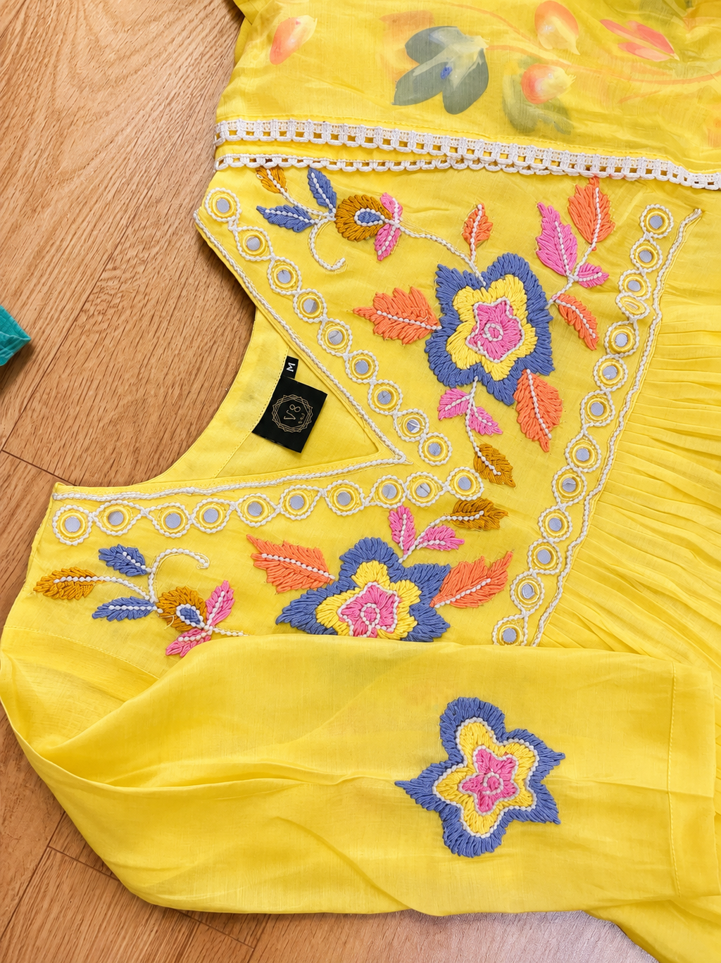 Bright Lemon Yellow Chandheri Mirror Work Floral Yoke Anarkali Suit Set