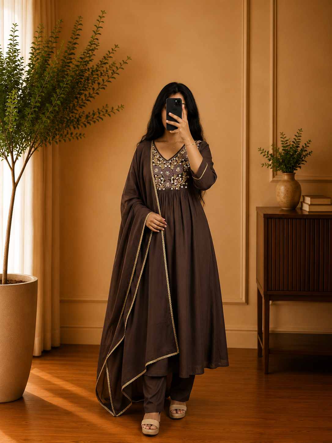 Chocolate Brown Mul Chanderi Floral Thread Embroidered Anarkali Suit Set