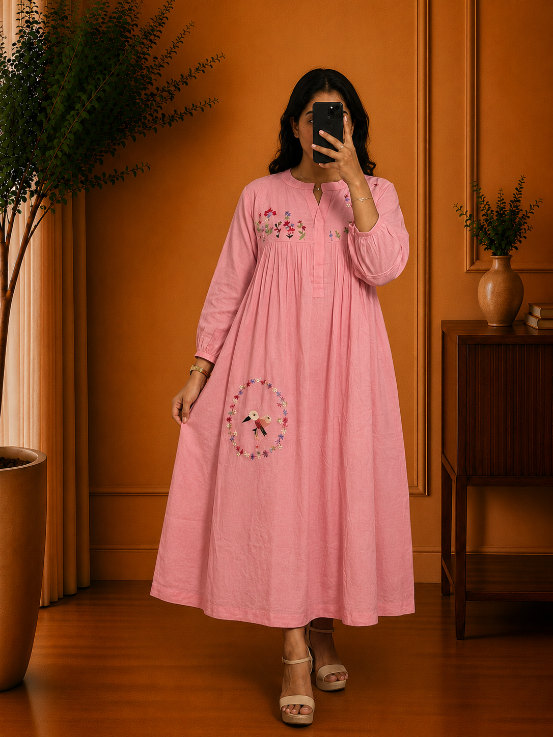 Pink Mul Cotton Thread Embroidered Frock