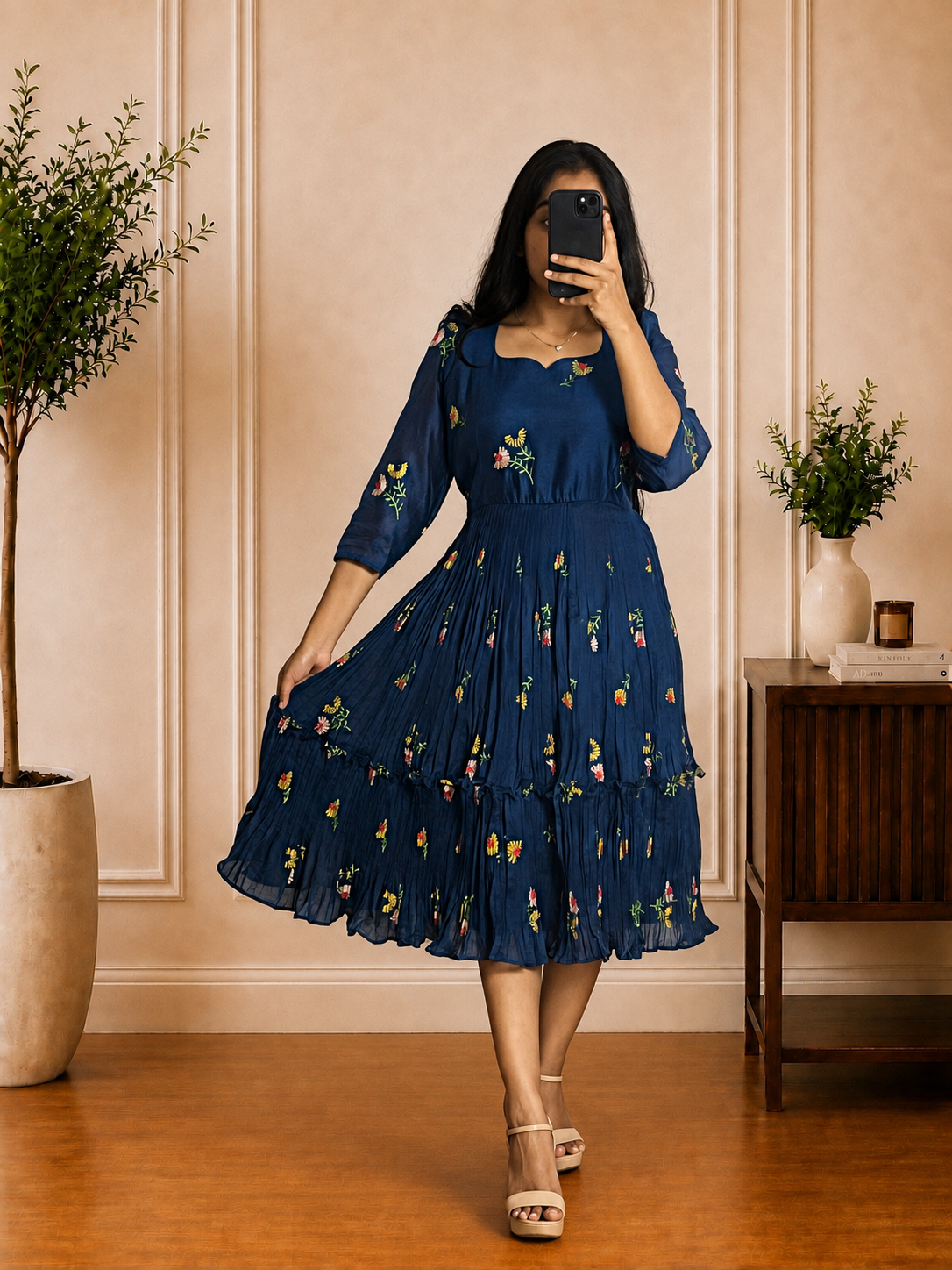 Boutique Stitched Navy Blue Floral Embroidered Iron Pleated Mul Chanderi Frock