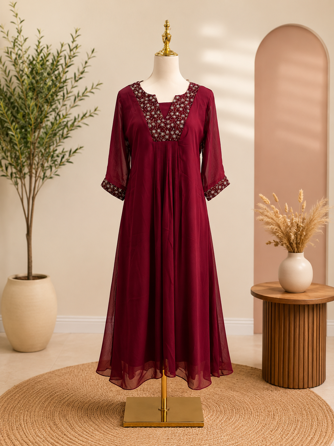 Vintage Wine Embroidered Flared Anarkali