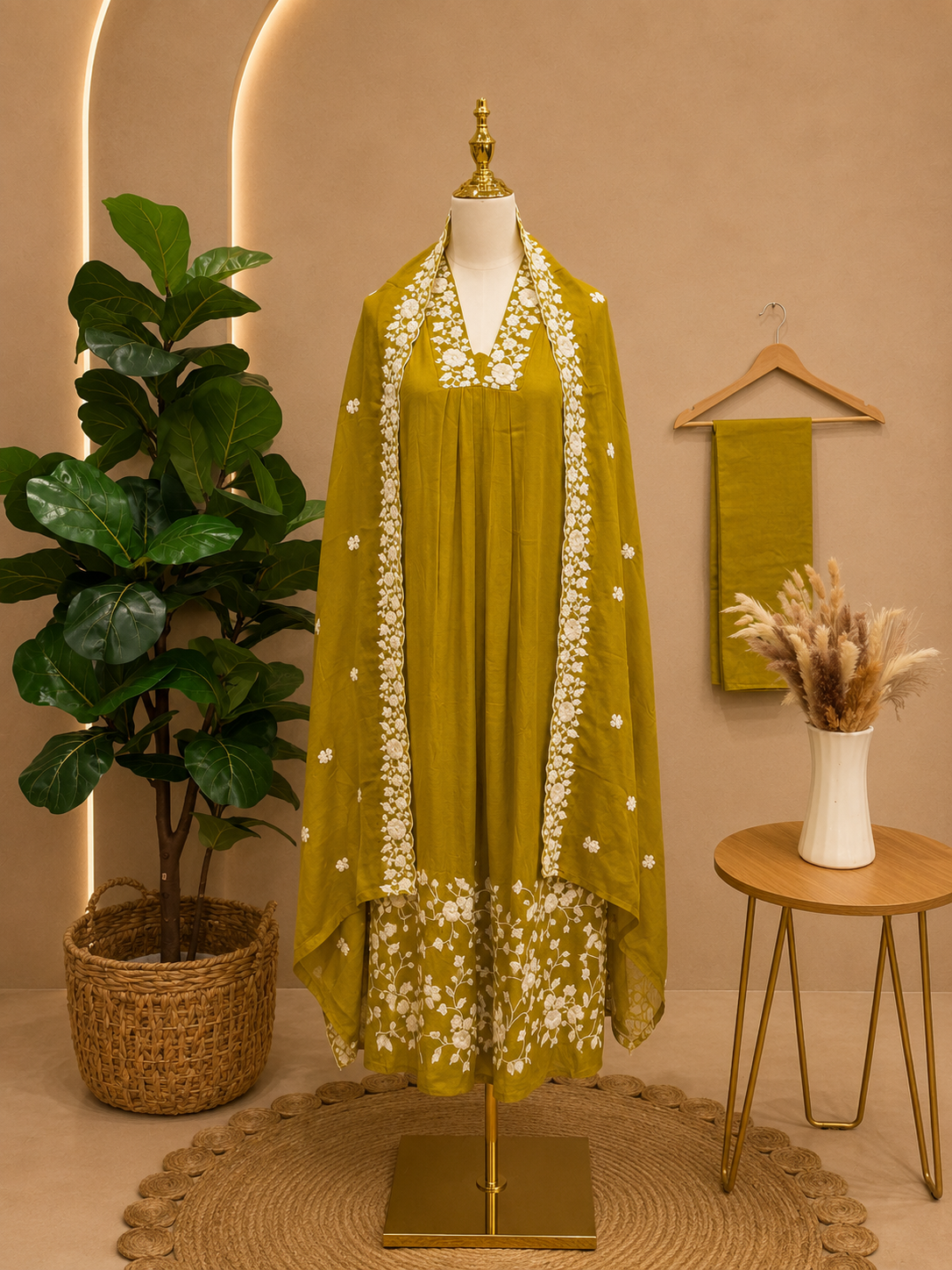 Mustard Gold Floral Embroidered Chinnon Suit Set with Dupatta ✨
