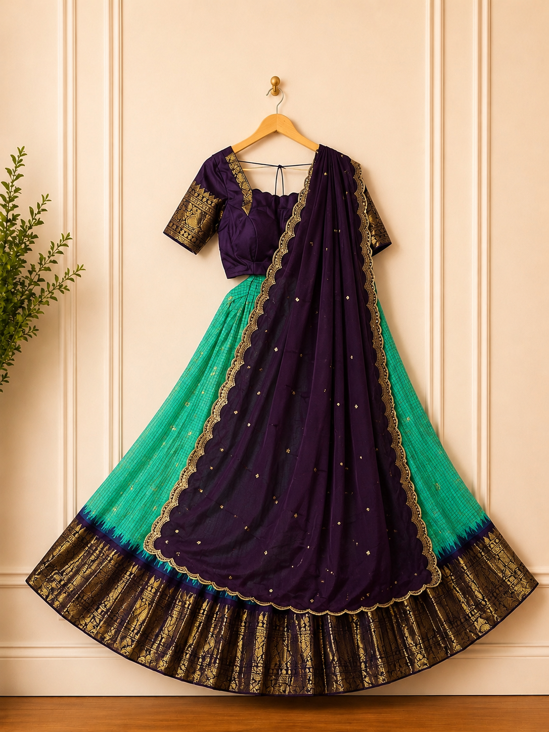 Gadwal Lime Green & Brown Half Saree with Stitched Blouse