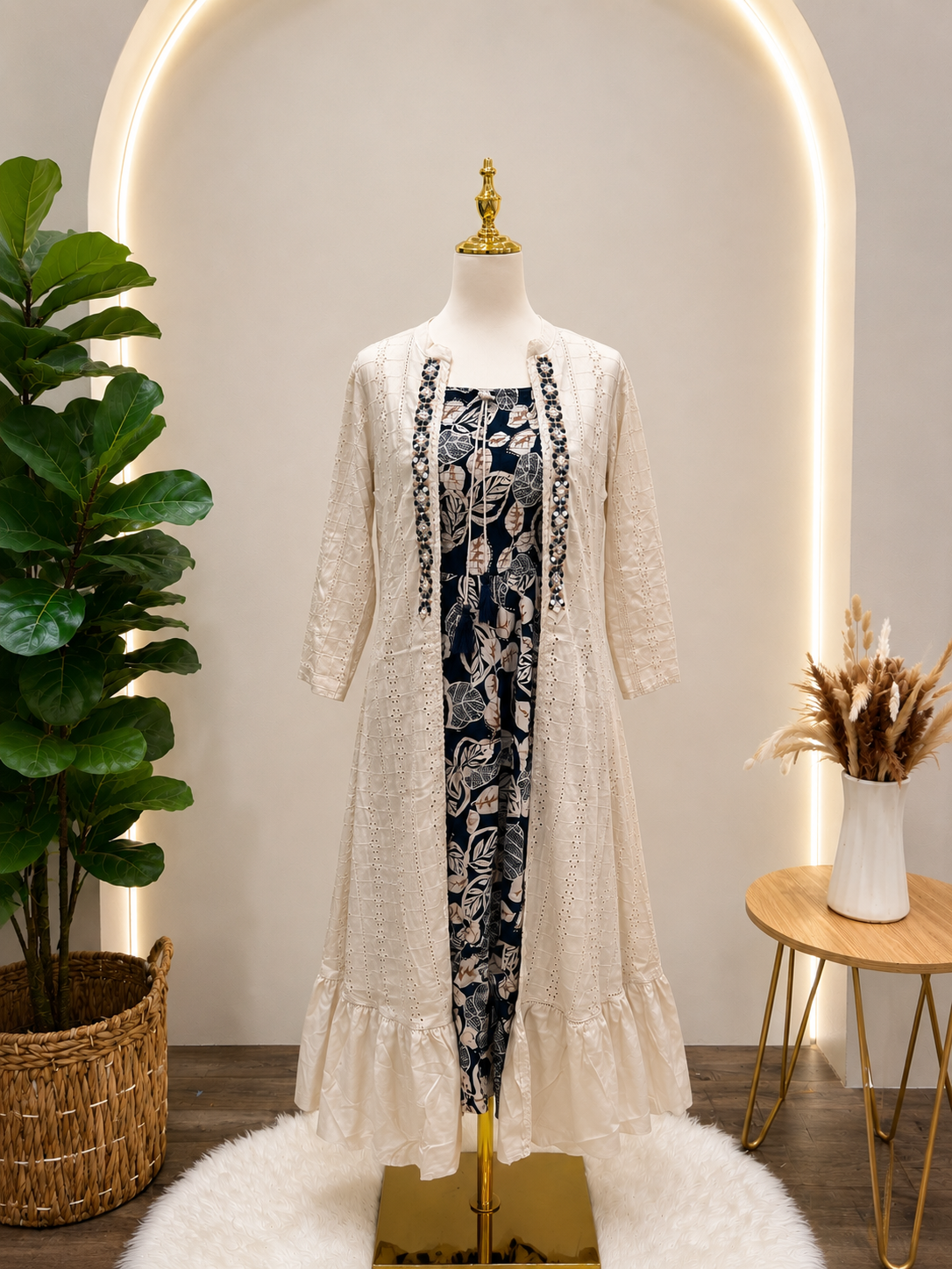 Classic Cream Open-Front Maxi with Printed Inner