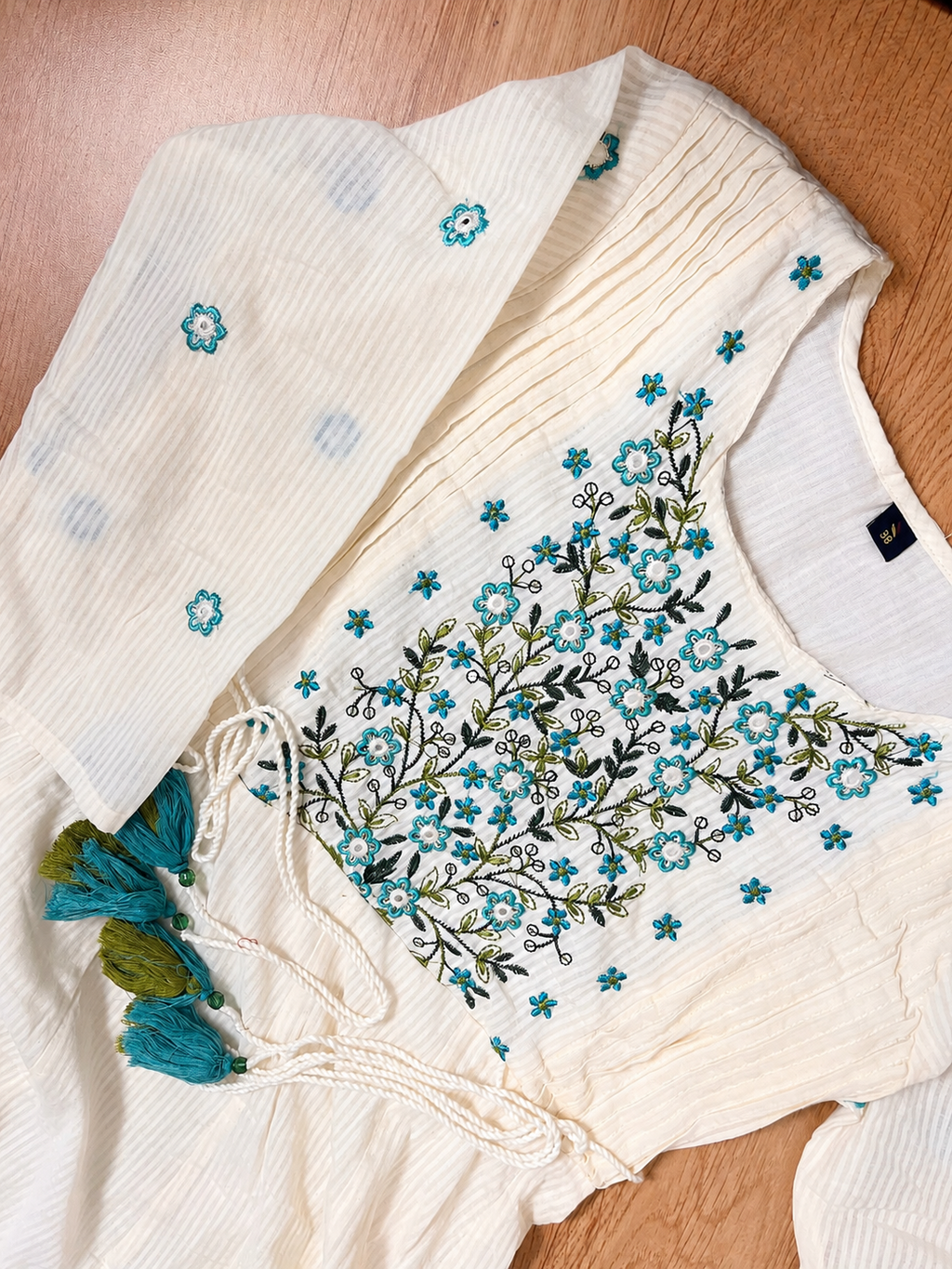 Ivory White Cotton Floral Thread Embroidered Suit Set with Aqua Printed Dupatta