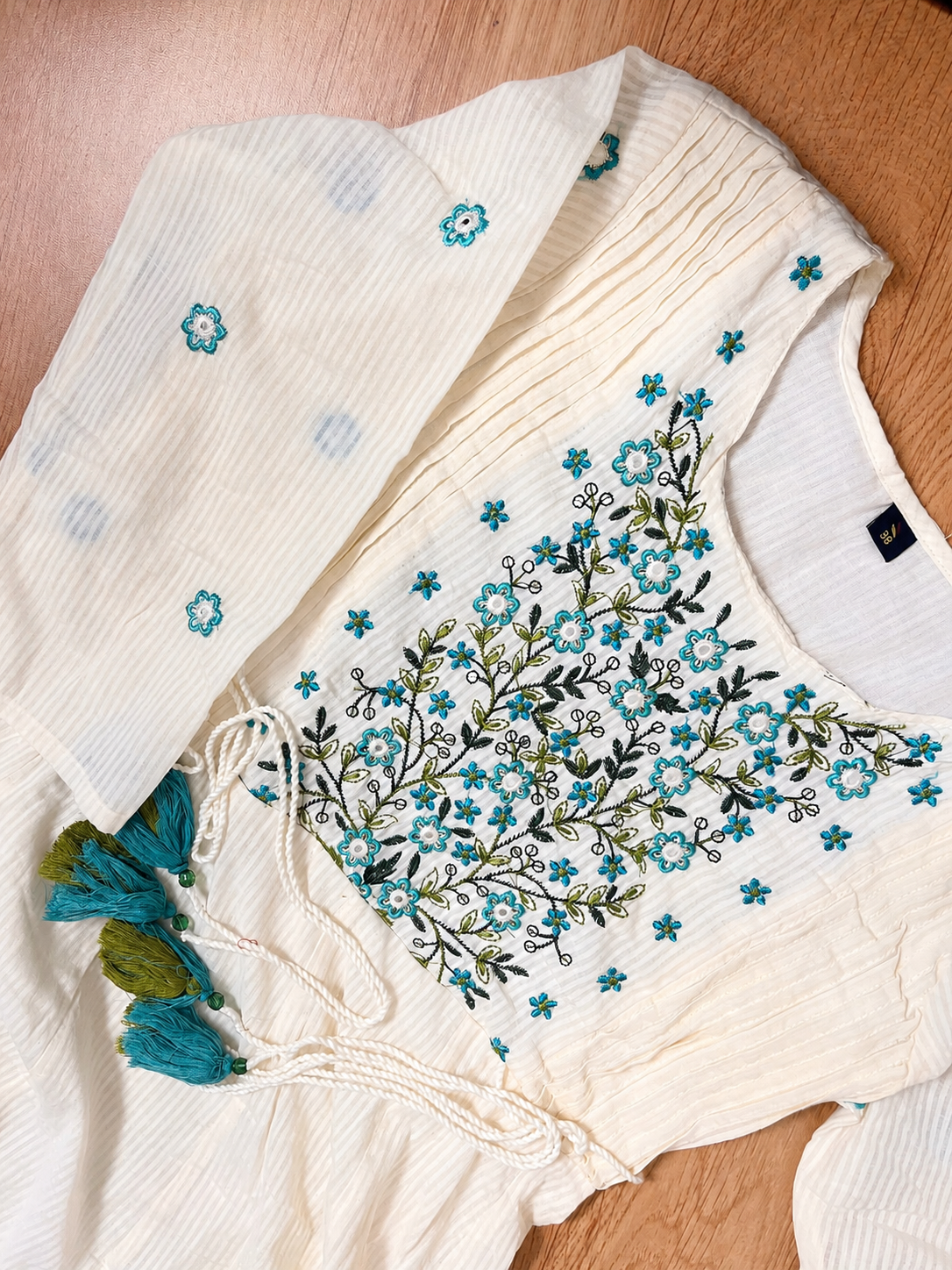 Ivory White Cotton Floral Thread Embroidered Suit Set with Aqua Printed Dupatta