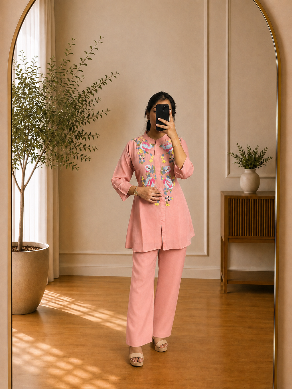 Blush Pink Floral Thread Embroidered Chiffon Co-Ord Set